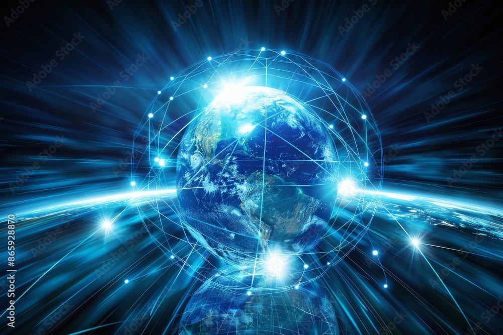 Conceptual image of a luminous globe with radiant lines, representing globalization and technological progress Conceptual image of a luminous globe with radiant lines, representing globalization and technological progress