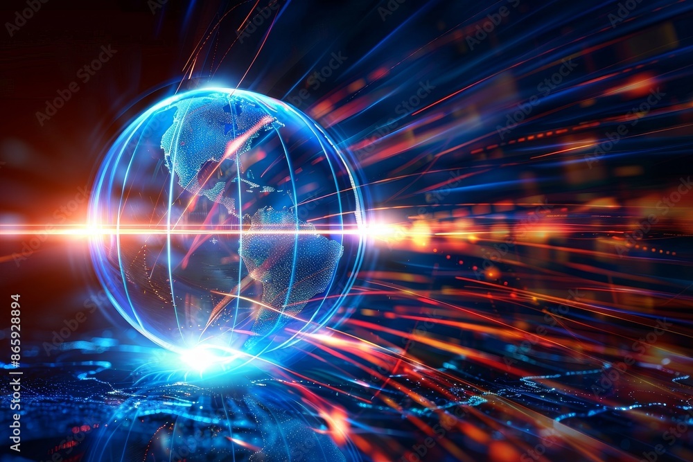 Obraz premium Conceptual image of a luminous globe with radiant lines, representing globalization and technological progress
