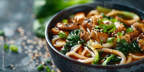 Asian Vegetarian Udon Noodles with Baby Bok Choy and Shiitake Mushrooms A Detailed View. Concept Asian Cuisine, Vegetarian Recipes, Udon Noodles, Baby Bok Choy, Shiitake Mushrooms photo