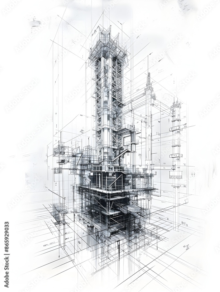 Fototapeta premium Minimalist Architectural Infographic Blueprint of Manufacturer Tower Components