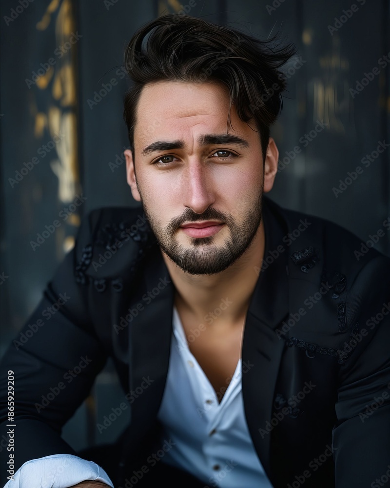 Obraz premium A man in black suit and white shirt.