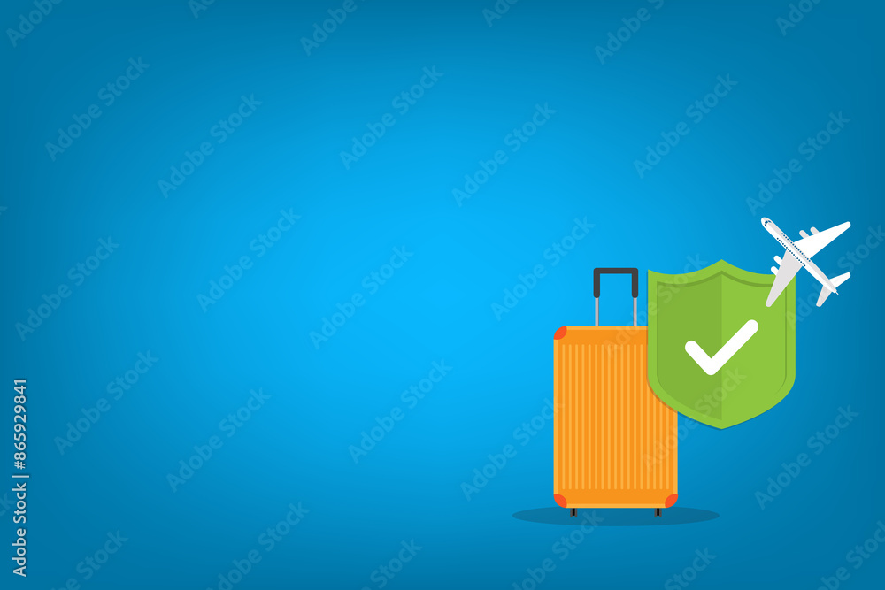 Traveling luggage suitcase and airplane trip protect by green shield. Travel insurance. Plane flight safety symbol. Aircraft journey risk protection. Traveling luggage suitcase and airplane trip protect by green shield. Travel insurance. Plane flight safety symbol. Aircraft journey risk protection.