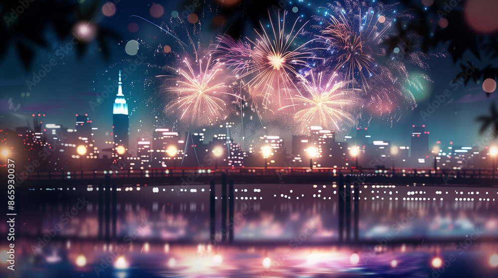 Obraz premium A vibrant display of colorful fireworks lighting up the night sky for 4th of July celebration