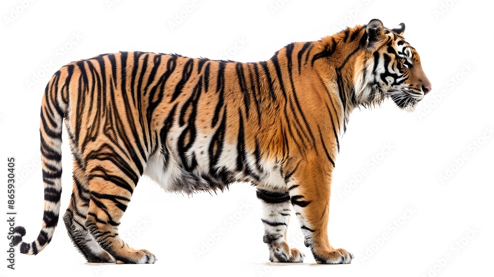 Obraz premium Side view, profile of a tiger standing, isolated on white. 