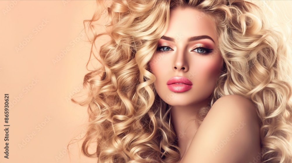 Fototapeta premium A beautiful blonde woman with long curly hair.