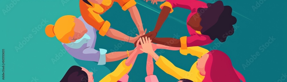 Illustration of diverse group of people showing unity with hands joined in center against a turquoise background. Teamwork and diversity concept. Illustration of diverse group of people showing unity with hands joined in center against a turquoise background. Teamwork and diversity concept.