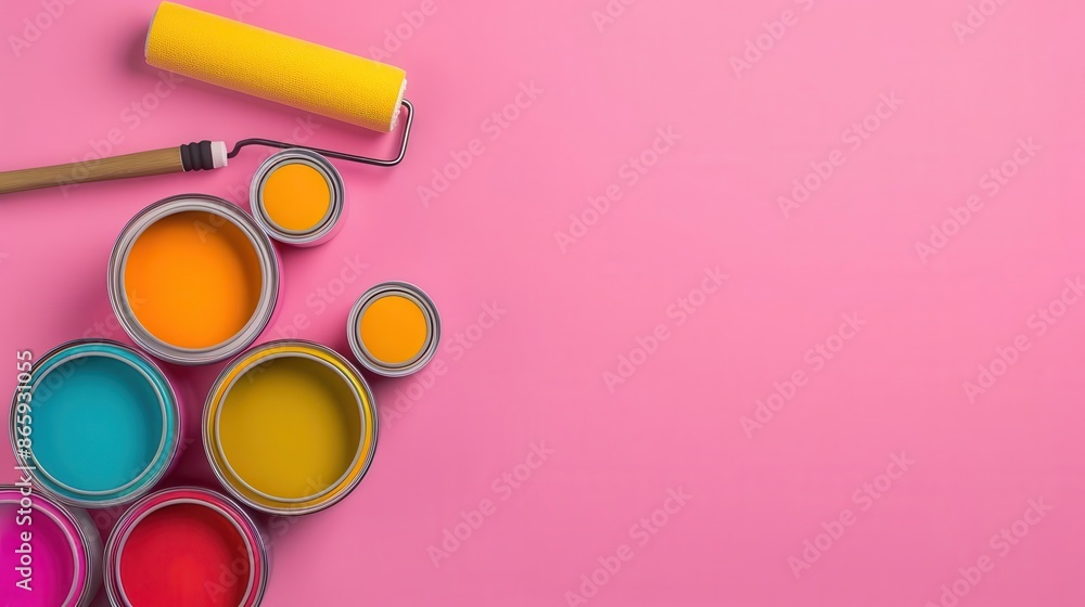 Fototapeta premium Painter clipart with a paint roller and paint cans