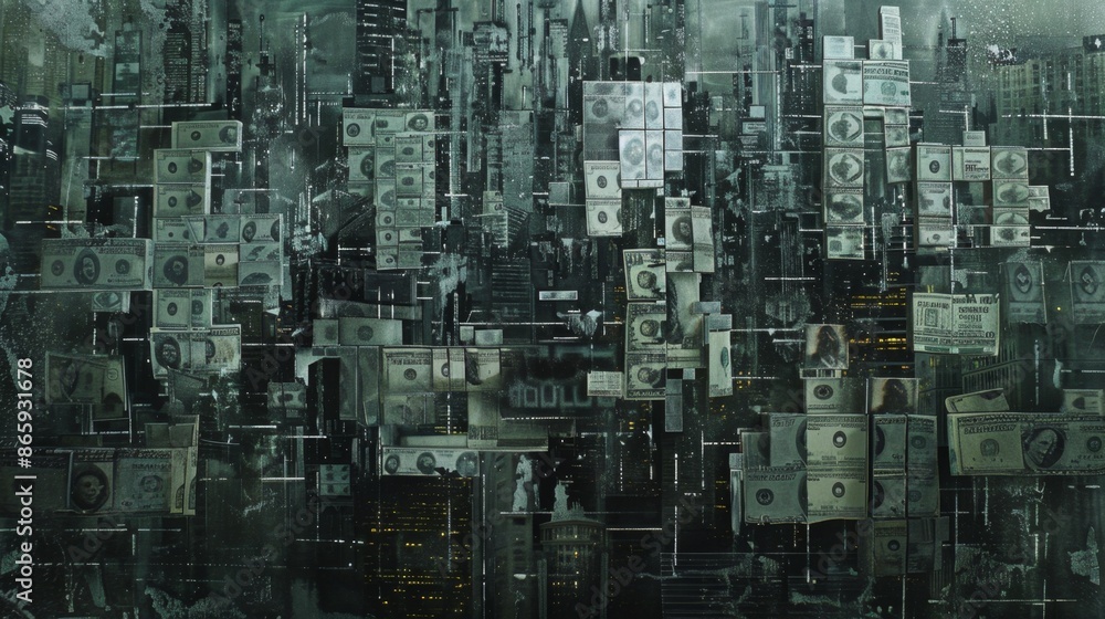 Financial Dystopia: Cityscape of Dollar Bill Buildings in Dark Tones, Detailed Mixed Media Illustration of Economic Apocalypse Financial Dystopia: Cityscape of Dollar Bill Buildings in Dark Tones, Detailed Mixed Media Illustration of Economic Apocalypse