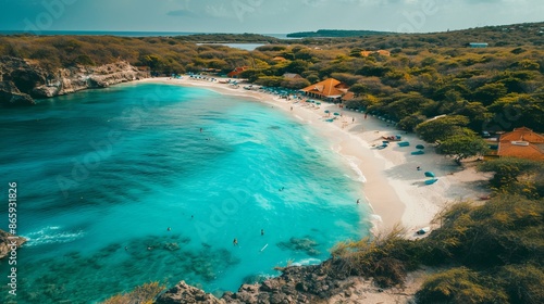 From a captivating drone aerial view, Cas Abao Beach (Playa Cas Abao) on the Caribbean island of Curacao unfolds in breathtaking splendor.