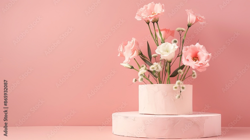 Set against a soft pink background, a minimalist plaster podium serves as an elegant stage for a bouquet of delicate eustoma flowers. Set against a soft pink background, a minimalist plaster podium serves as an elegant stage for a bouquet of delicate eustoma flowers.