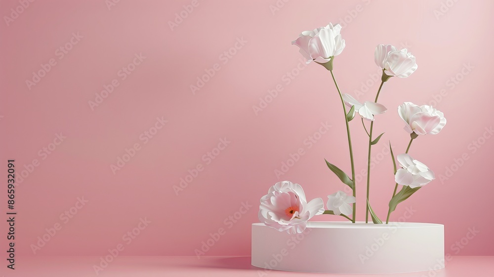 Set against a soft pink background, a minimalist plaster podium serves as an elegant stage for a bouquet of delicate eustoma flowers. Set against a soft pink background, a minimalist plaster podium serves as an elegant stage for a bouquet of delicate eustoma flowers.