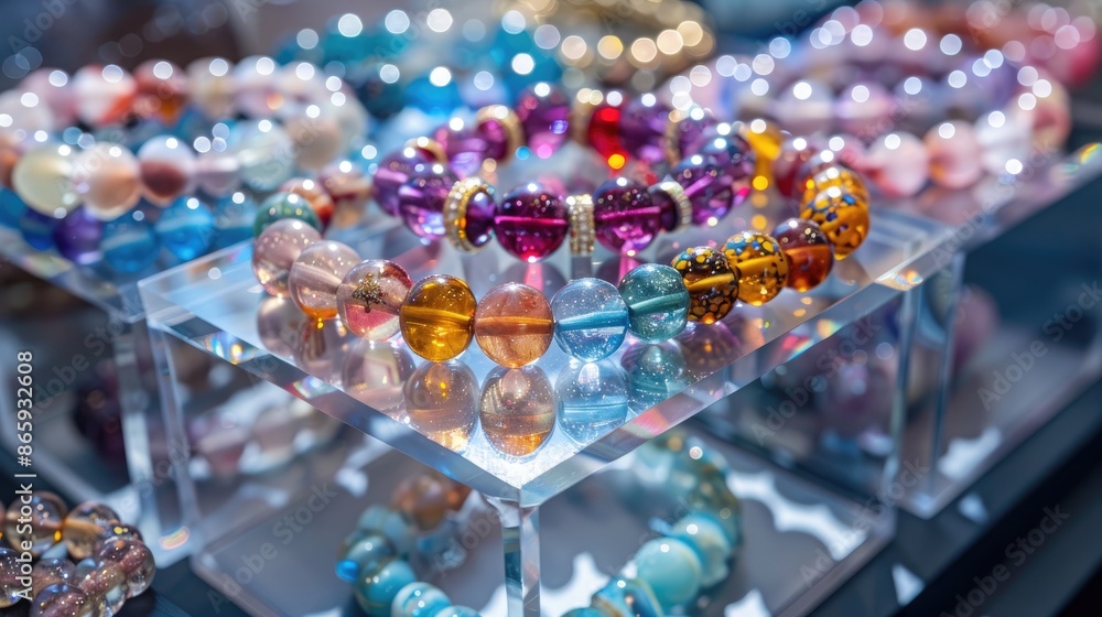 Gemstone bracelets with ring on display cube Gemstone bracelets with ring on display cube