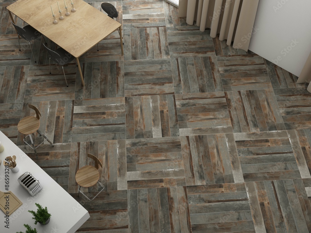 Top view of kitchen area interior with grey marble flooring, white walls, white ceramic kitchen countertop, wooden dining table and chairs, necessary kitchen utensils. 3D Rendering Top view of kitchen area interior with grey marble flooring, white walls, white ceramic kitchen countertop, wooden dining table and chairs, necessary kitchen utensils. 3D Rendering