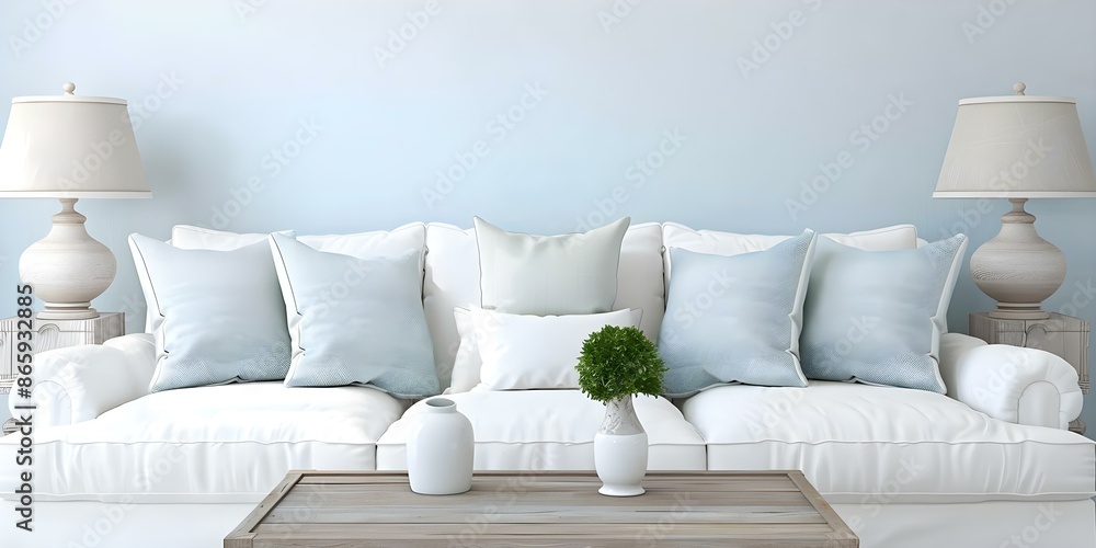 Coastal Living Room Design Featuring Soft Blue Tones, Linen Upholstery, and Driftwood Accents. Concept Coastal Living Room Design, Soft Blue Tones, Linen Upholstery, Driftwood Accents Coastal Living Room Design Featuring Soft Blue Tones, Linen Upholstery, and Driftwood Accents. Concept Coastal Living Room Design, Soft Blue Tones, Linen Upholstery, Driftwood Accents