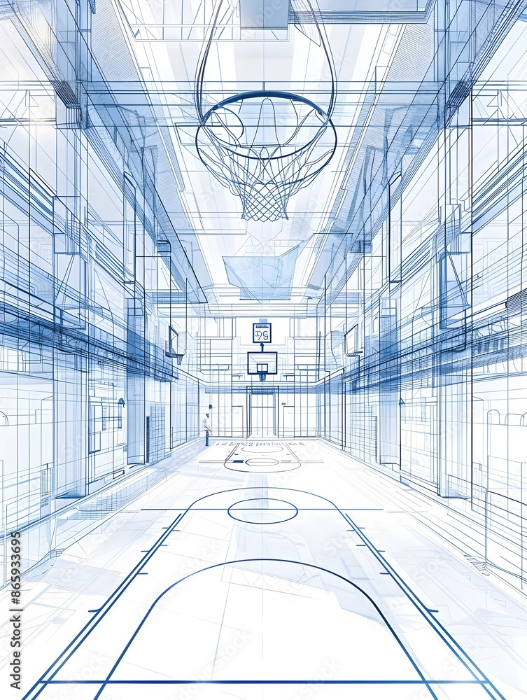 Precise Architectural Schematic of a Basketball Court Structure on Minimal White Background Precise Architectural Schematic of a Basketball Court Structure on Minimal White Background