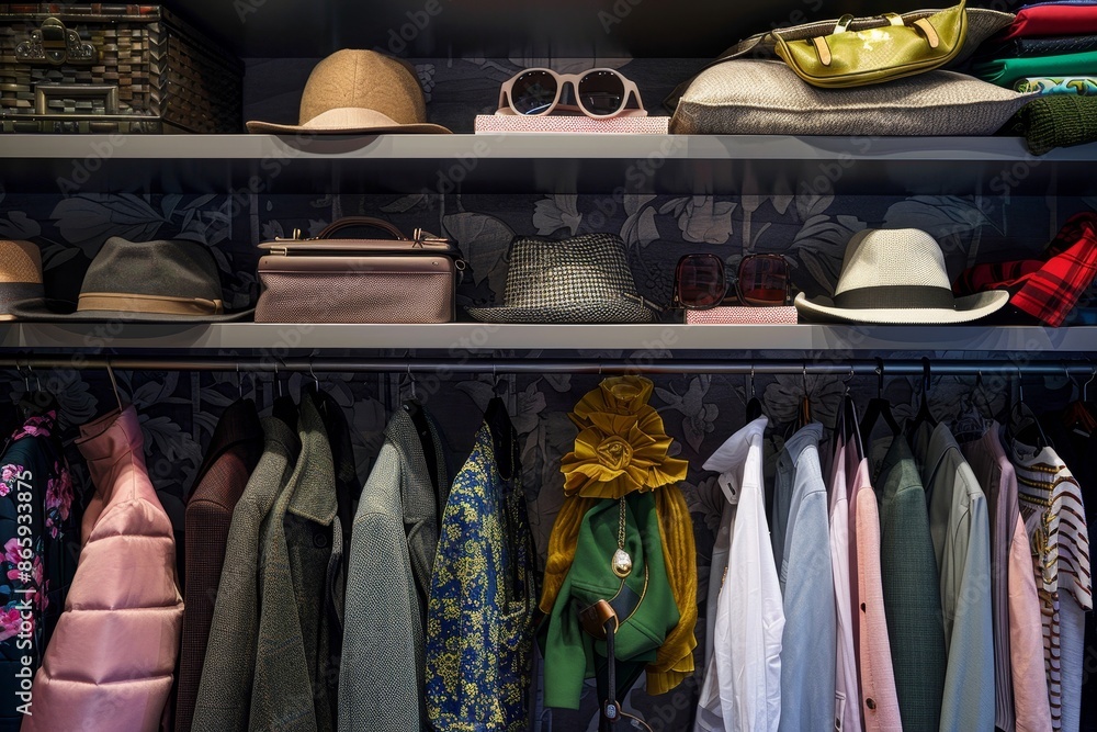 Creative depiction of a chic dressing room setup with trendy clothing and accessories, representing style and glamour Creative depiction of a chic dressing room setup with trendy clothing and accessories, representing style and glamour