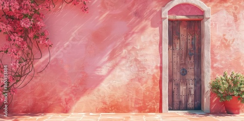 Pink Wall With Wooden Door ...