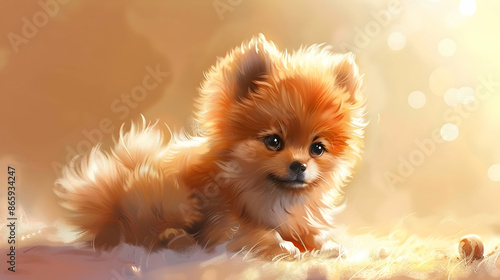 a small dog with black eyes, a black nose, and pointy ears sits on a bed with a fluffy tail © cOmbEt