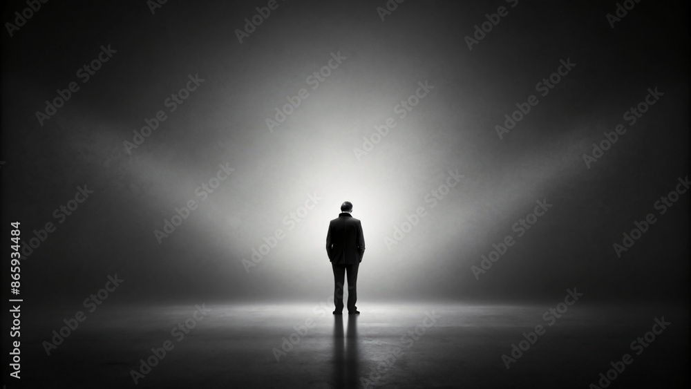 Black silhouette of a man walking through a light Black silhouette of a man walking through a light