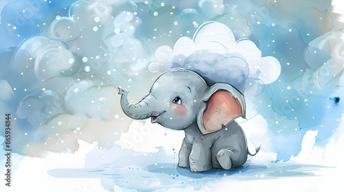 a gray elephant with a curled trunk and black eye stands in the snow, surrounded by a white and blue flower