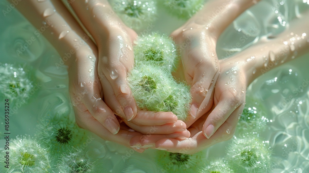 Fototapeta premium A close-up of a person holding a plant immersed in a bathtub filled with bubbling water