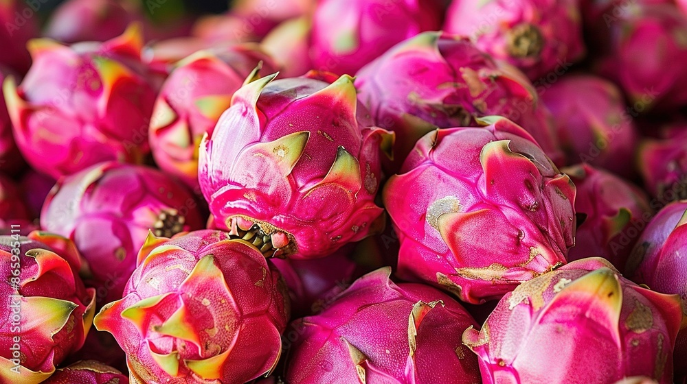 A mound of pink dragon fruit atop assorted fruits in front of additional fruits A mound of pink dragon fruit atop assorted fruits in front of additional fruits