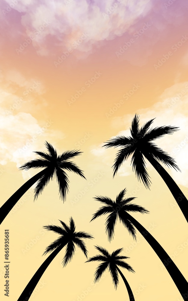 Fototapeta premium Sunset sky and coconut tree silhouette at the beach. Palm tree silhouette. The evening on the beach Summer orange sky and coconut tree shadow. Rainforest