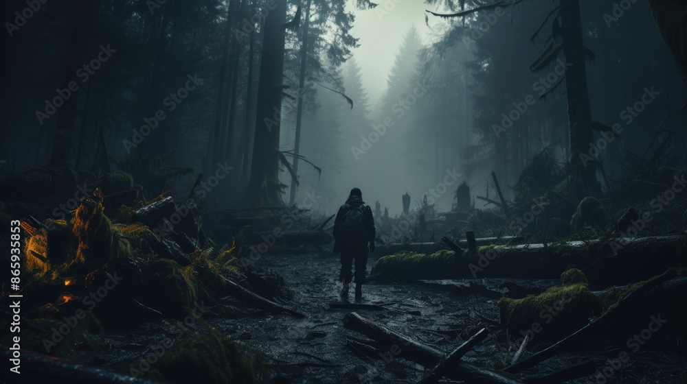 Lonely traveler in a misty forest, surrounded by towering trees and fallen logs, creating a mysterious and serene atmosphere. Lonely traveler in a misty forest, surrounded by towering trees and fallen logs, creating a mysterious and serene atmosphere.
