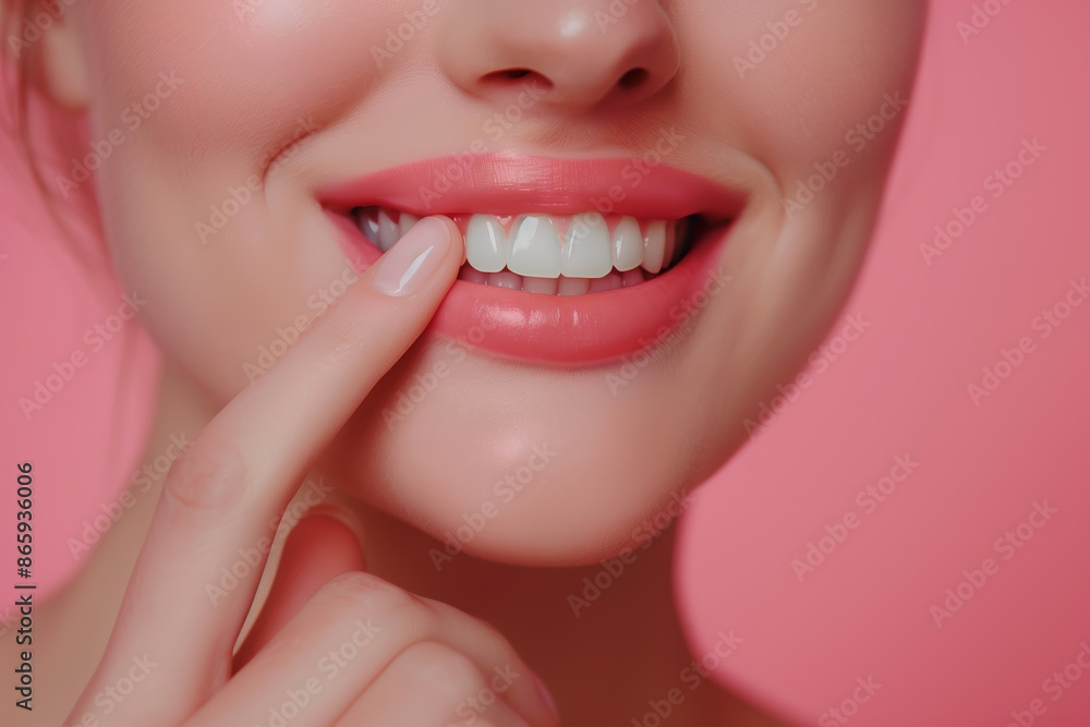 Obraz premium A cute girl having fun laughing with a perfect white teeth smile, happy and joyful. In front of a soft peach background