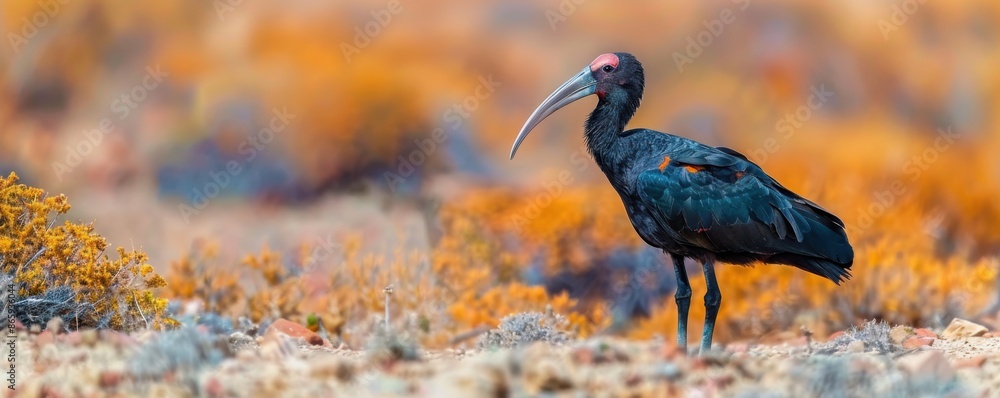 Naklejka premium A black bird with a long beak stands in a field of yellow grass