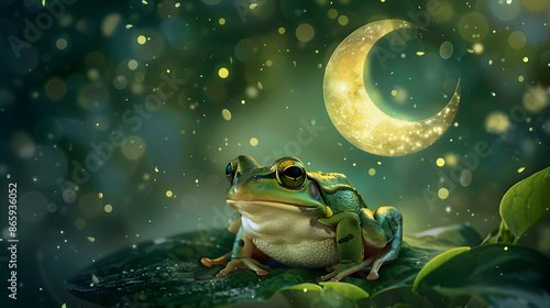 a group of frogs, including a green and black frog, a black frog, and a green frog, sit on a leaf under the moon photo