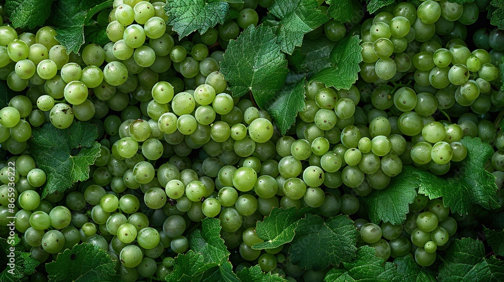 A close-up of a cluster of green grapes with leaves on the bottom A close-up of a cluster of green grapes with leaves on the bottom