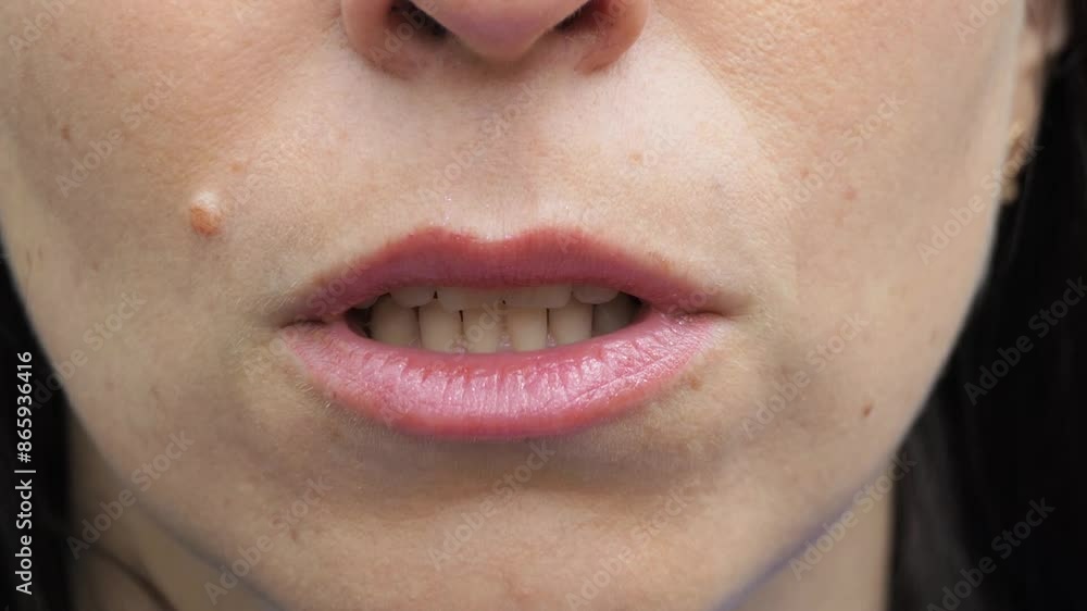 A woman with a mole on her cheek says something. Close-up of lips. A woman with a mole on her cheek says something. Close-up of lips.