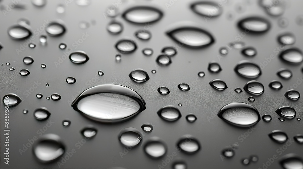 Black and white image of water droplets on a wet surface Black and white image of water droplets on a wet surface