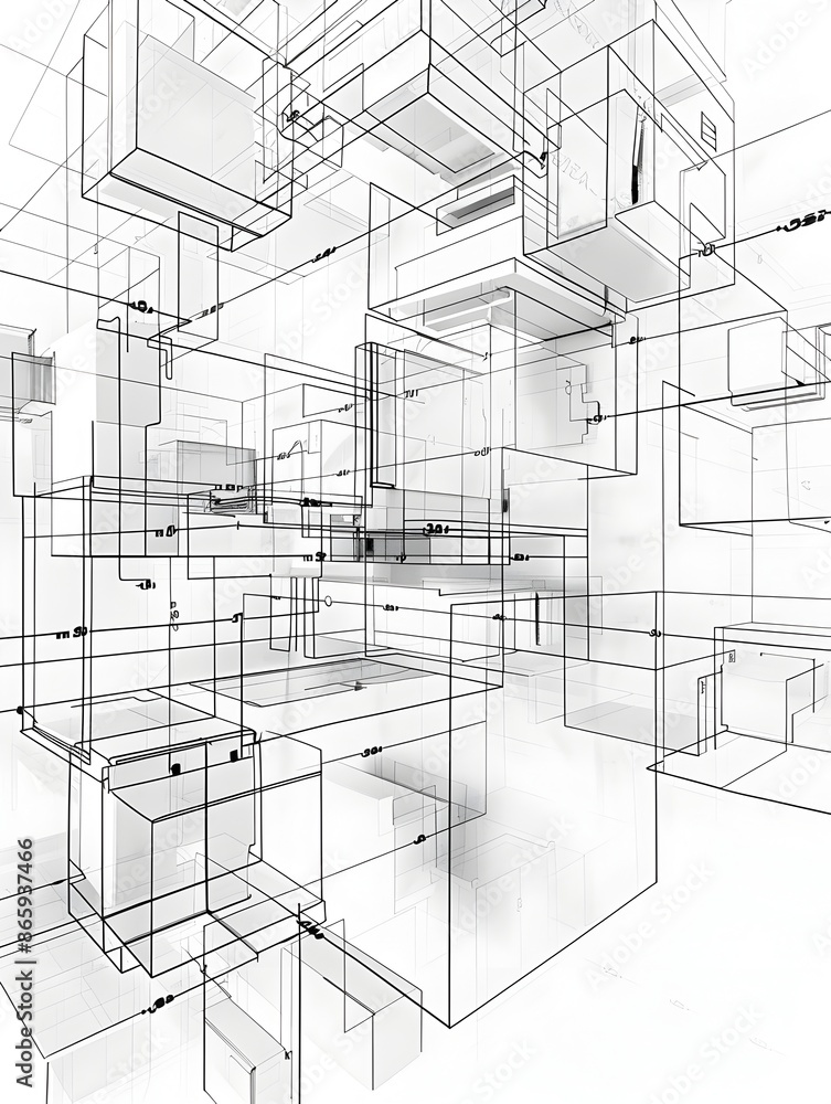 Fototapeta premium Architectural Schematic Showcasing Modular Structural Components on a White Background