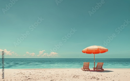 Two Beach Chairs and Umbrella on a Sunny Beach