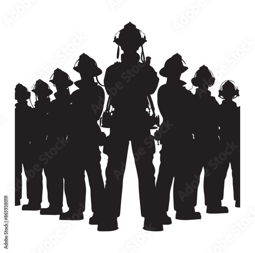 Firefighters pose silhouette full body black color only.