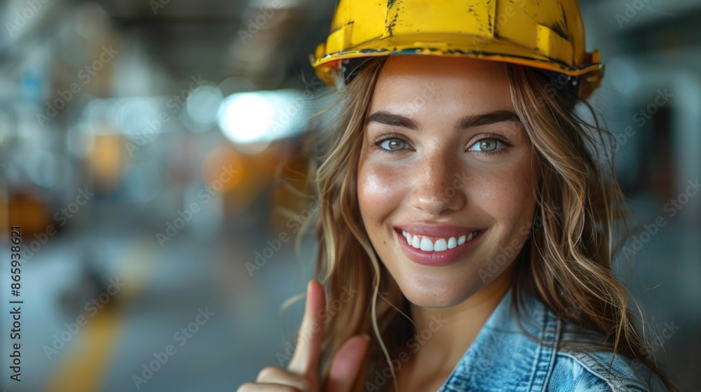 Smiling Woman in Hard Hat with Blurred Background Smiling Woman in Hard Hat with Blurred Background