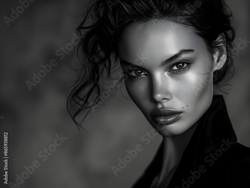 Dramatic High Contrast Portrait of Captivating Fashion Model with Intense Brooding Gaze in