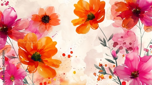 Watercolor floral background featuring vibrant pink and orange flowers with leaves and splashes of color. Ideal for spring, greeting cards, or wedding invitations.