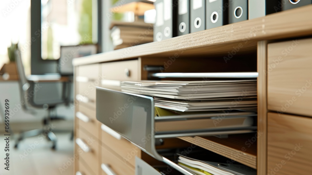 Modern office storage with a single file cabinet drawer ajar, revealing neatly arranged documents Modern office storage with a single file cabinet drawer ajar, revealing neatly arranged documents