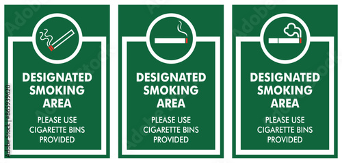 designated smoking area smoke permitted sign set illustration with text, white outline and green background