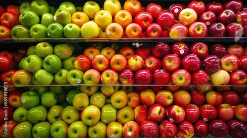 A colorful display of apples in a grocery store with price tags visible. 