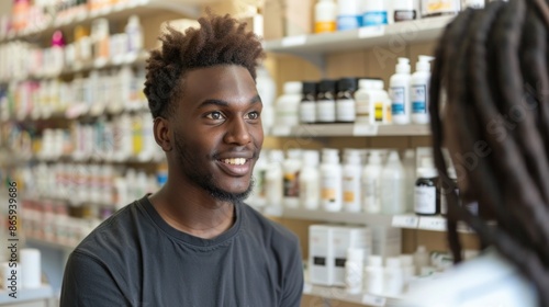 A smiling Black man conversing with a pharmacist in a pharmacy, wearing a dark gray shirt, shelves stocked with products in the background.