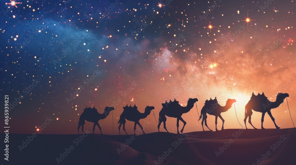 silhouette camels walking on the desert at night on background space and nebula silhouette camels walking on the desert at night on background space and nebula