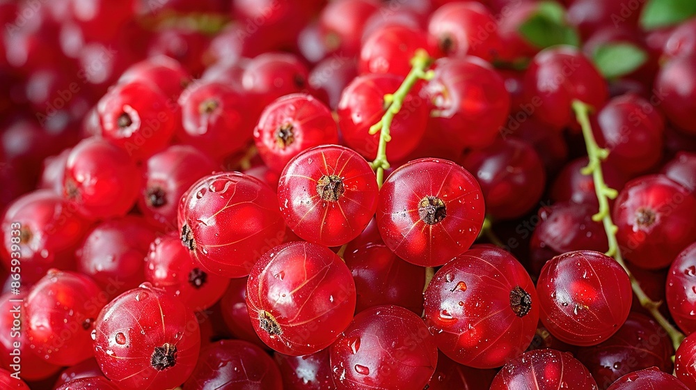 Close-up of a cherry bunch with water droplets on cherries and leaves on top Close-up of a cherry bunch with water droplets on cherries and leaves on top