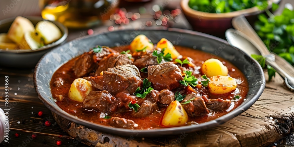 Upscale Austrian restaurant offering classic beef goulash with nutritious potatoes. Concept Austrian Cuisine, Beef Goulash, Nutritious Potatoes, Upscale Dining Upscale Austrian restaurant offering classic beef goulash with nutritious potatoes. Concept Austrian Cuisine, Beef Goulash, Nutritious Potatoes, Upscale Dining