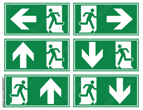 A Man Run to Exit Door Sign Set with Arrow show direction Left, Right, Up, Down Symbolizing Emergency Evacuation Green Symbol