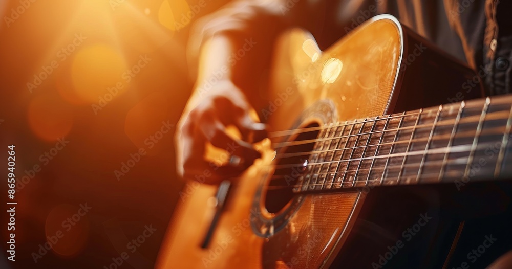 Fototapeta premium Black man playing guitar in a warm light, creating a bokeh effect, reflecting deep concentration and musical passion.