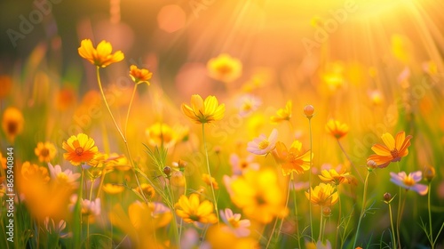 field of golden champa flowers, golden champa flowers close up, dawn time, whimsical and Idyllic nature.